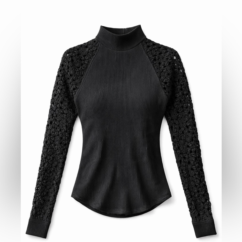 Free People Black Lace Sleeve Turtleneck Top
